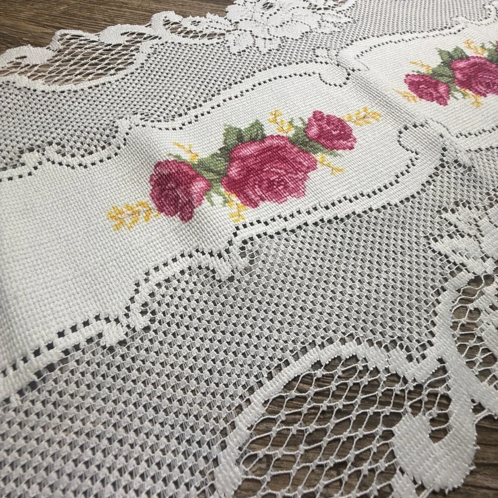 Vintage White Lace Table Runner Pink Rose Cross Stitch Floral Scalloped 46x16